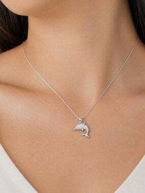 925 Sterling Silver CZ Dolphin Necklace Charm Pendant Sparkle with Chain